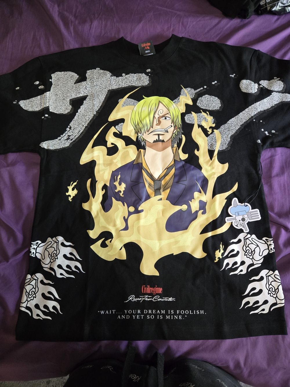 Black Graphic Short Sleeve Tee with Yellow Anime Flame Motif
